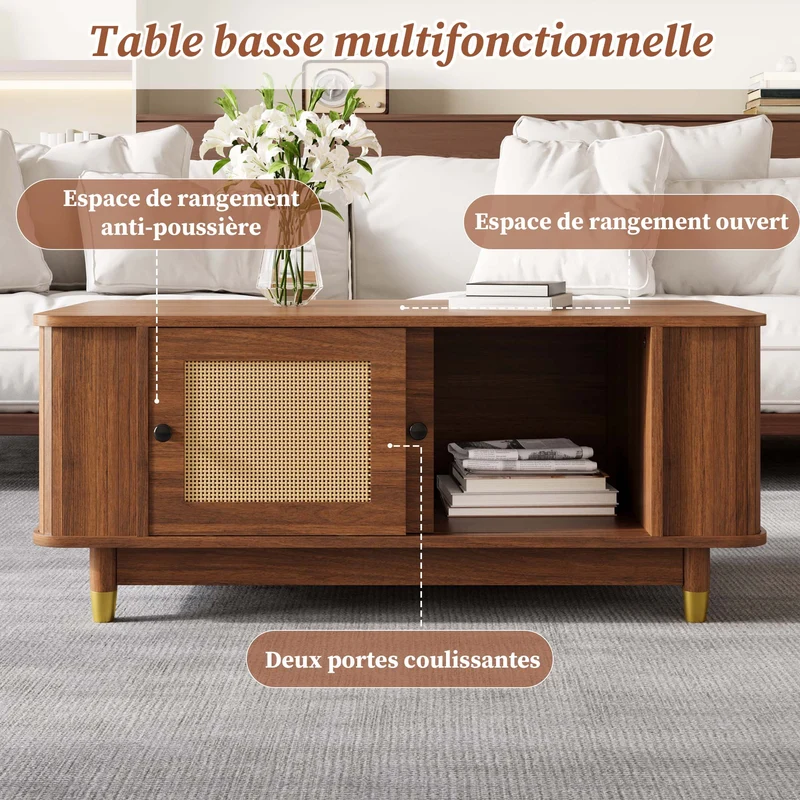 Table basse effet bois noyer avec portes coulissantes en rotin 100x50x42cm ADJUSTCHEST