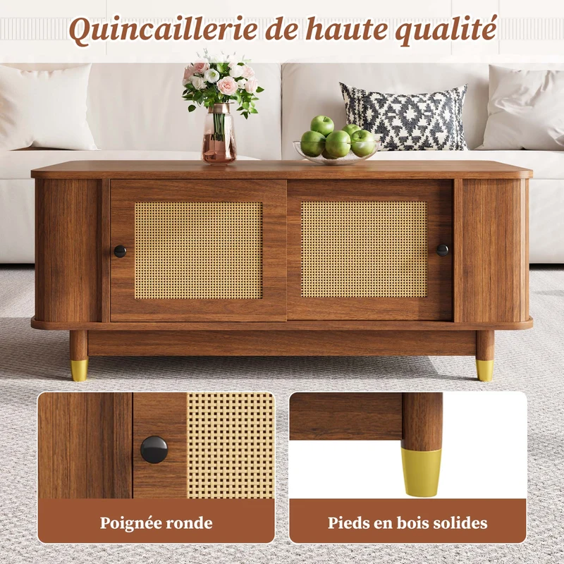 Table basse effet bois noyer avec portes coulissantes en rotin 100x50x42cm ADJUSTCHEST