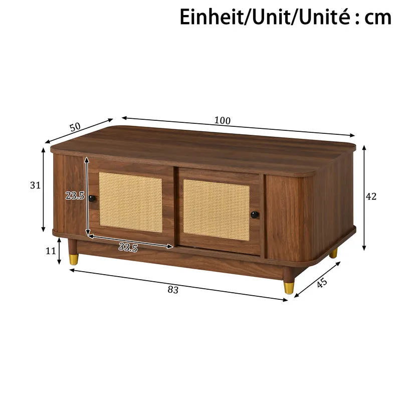 Table basse effet bois noyer avec portes coulissantes en rotin 100x50x42cm ADJUSTCHEST