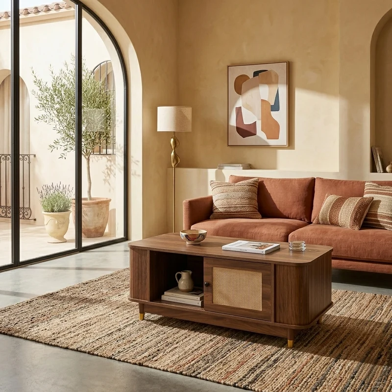 Table basse effet bois noyer avec portes coulissantes en rotin 100x50x42cm ADJUSTCHEST