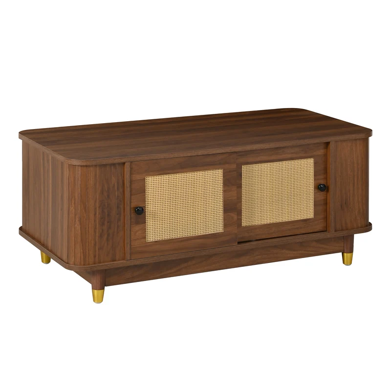 Table basse effet bois noyer avec portes coulissantes en rotin 100x50x42cm ADJUSTCHEST