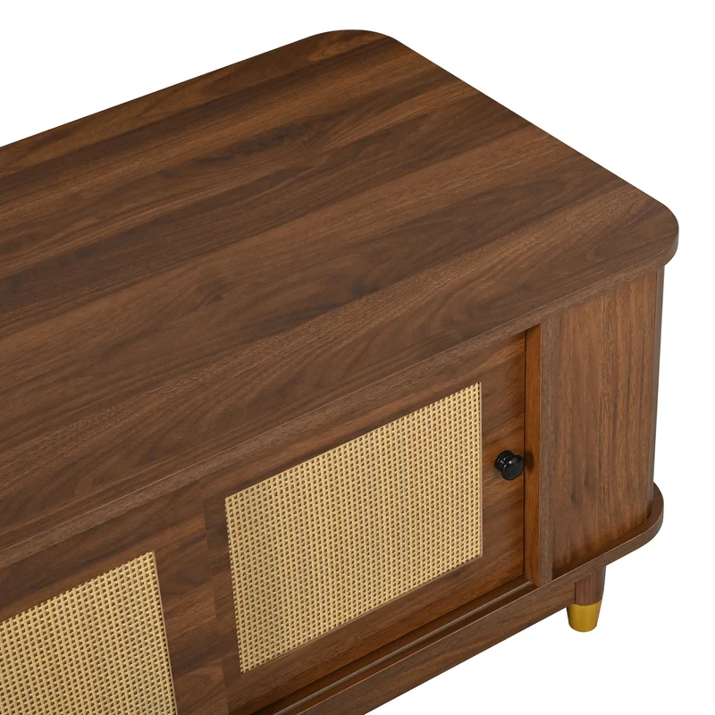 Table basse effet bois noyer avec portes coulissantes en rotin 100x50x42cm ADJUSTCHEST