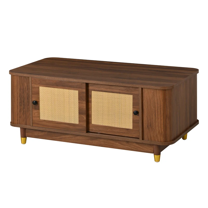 Table basse effet bois noyer avec portes coulissantes en rotin 100x50x42cm ADJUSTCHEST