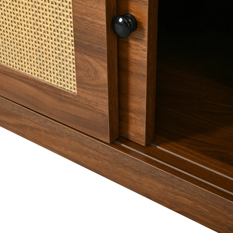 Table basse effet bois noyer avec portes coulissantes en rotin 100x50x42cm ADJUSTCHEST