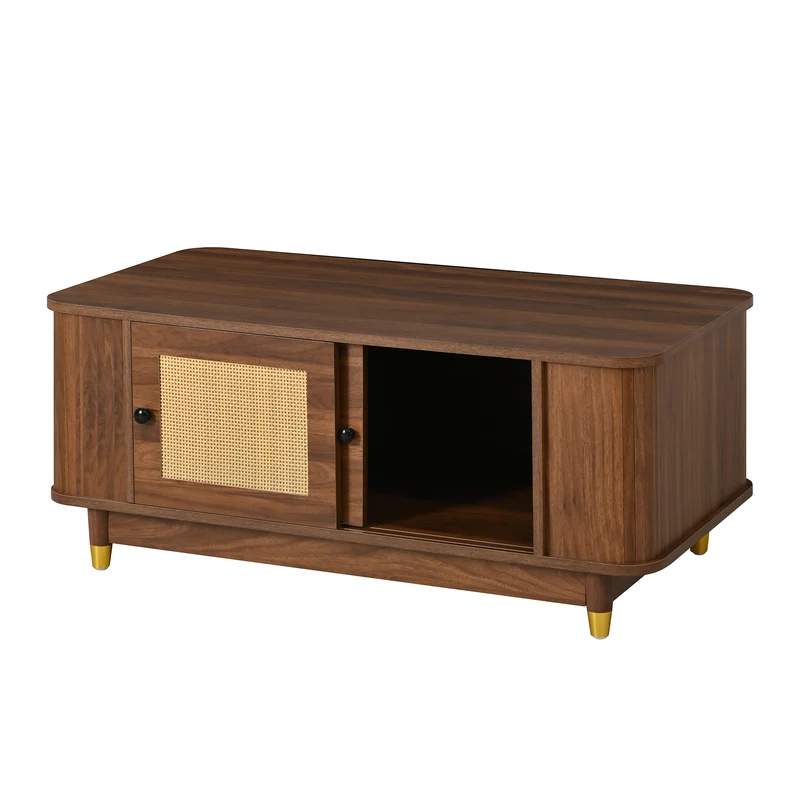 Table basse effet bois noyer avec portes coulissantes en rotin 100x50x42cm ADJUSTCHEST