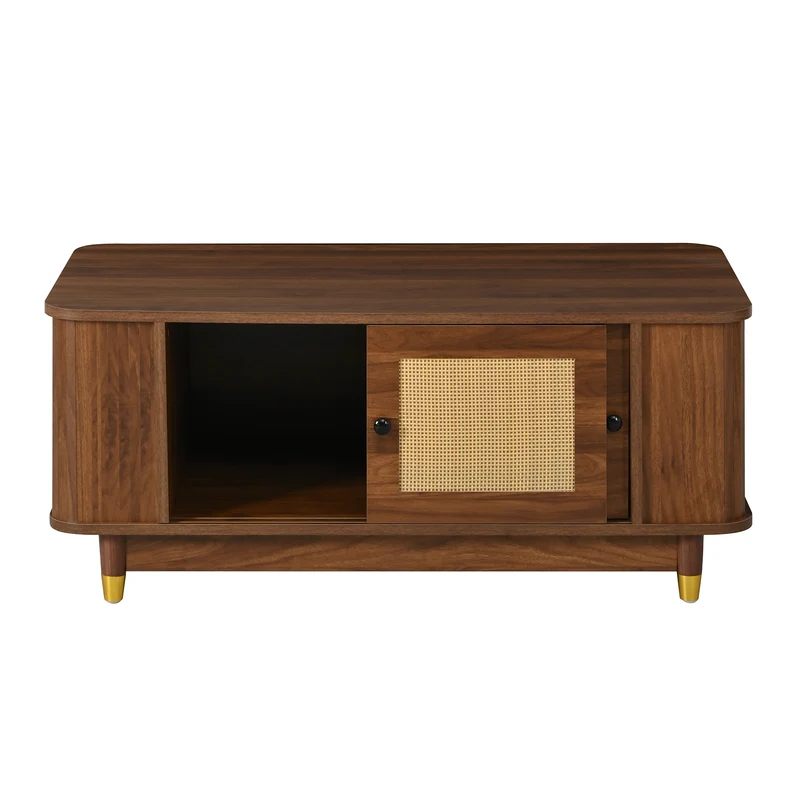 Table basse effet bois noyer avec portes coulissantes en rotin 100x50x42cm ADJUSTCHEST