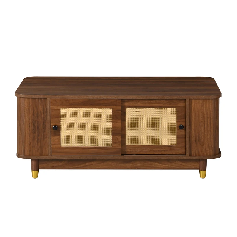 Table basse effet bois noyer avec portes coulissantes en rotin 100x50x42cm ADJUSTCHEST