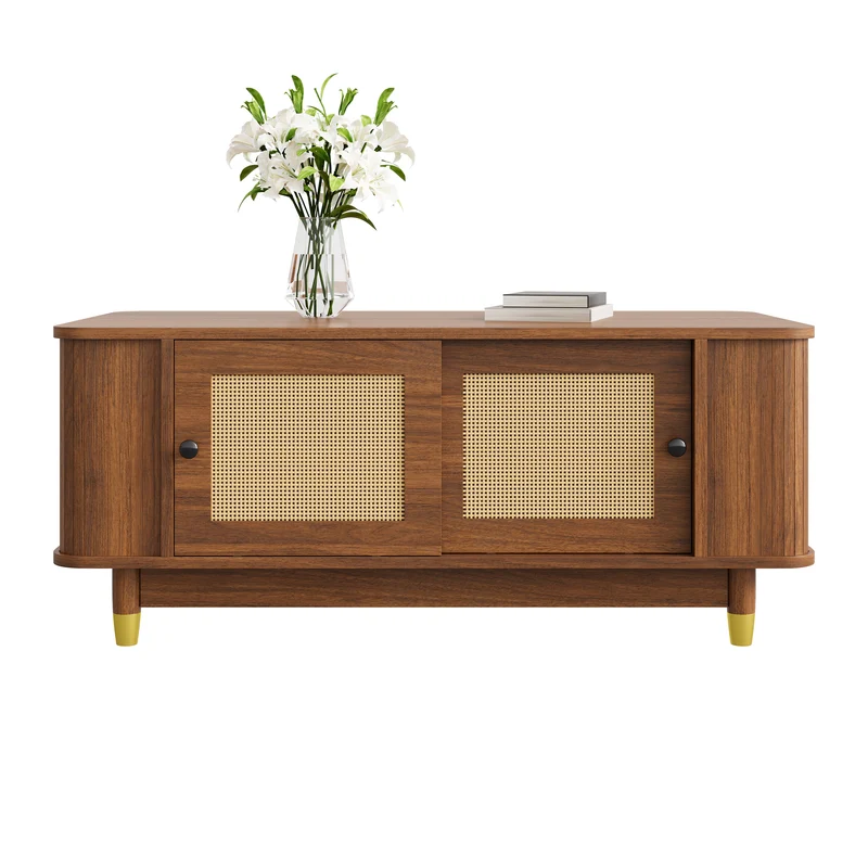 Table basse effet bois noyer avec portes coulissantes en rotin 100x50x42cm ADJUSTCHEST