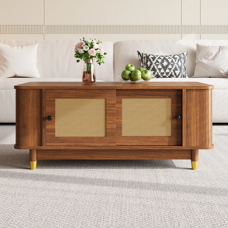 Table basse effet bois noyer avec portes coulissantes en rotin 100x50x42cm ADJUSTCHEST