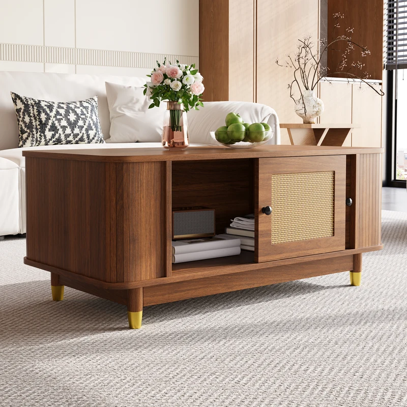 Table basse effet bois noyer avec portes coulissantes en rotin 100x50x42cm ADJUSTCHEST