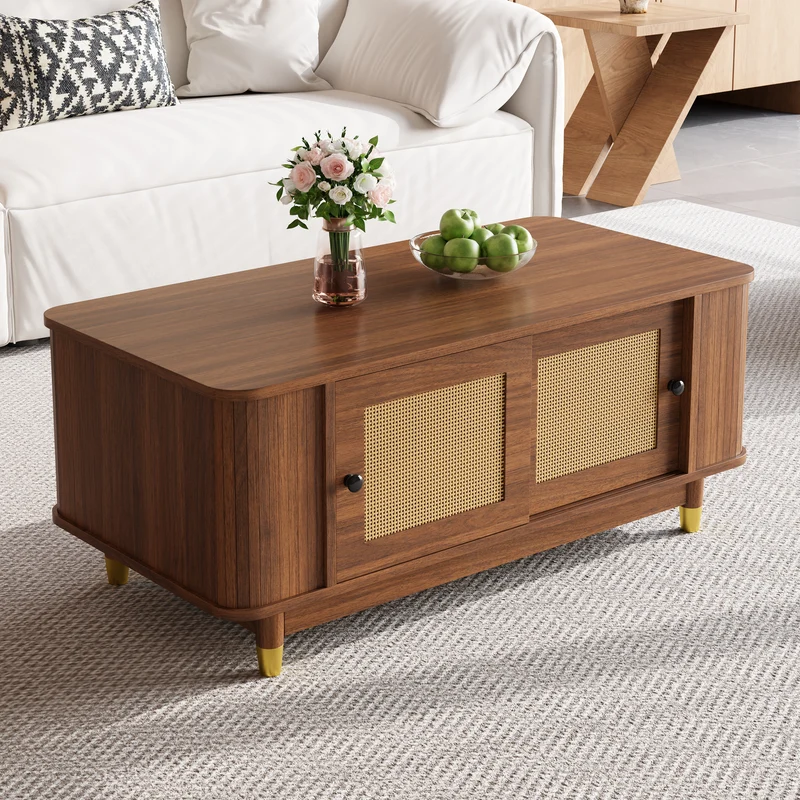 Table basse effet bois noyer avec portes coulissantes en rotin 100x50x42cm ADJUSTCHEST