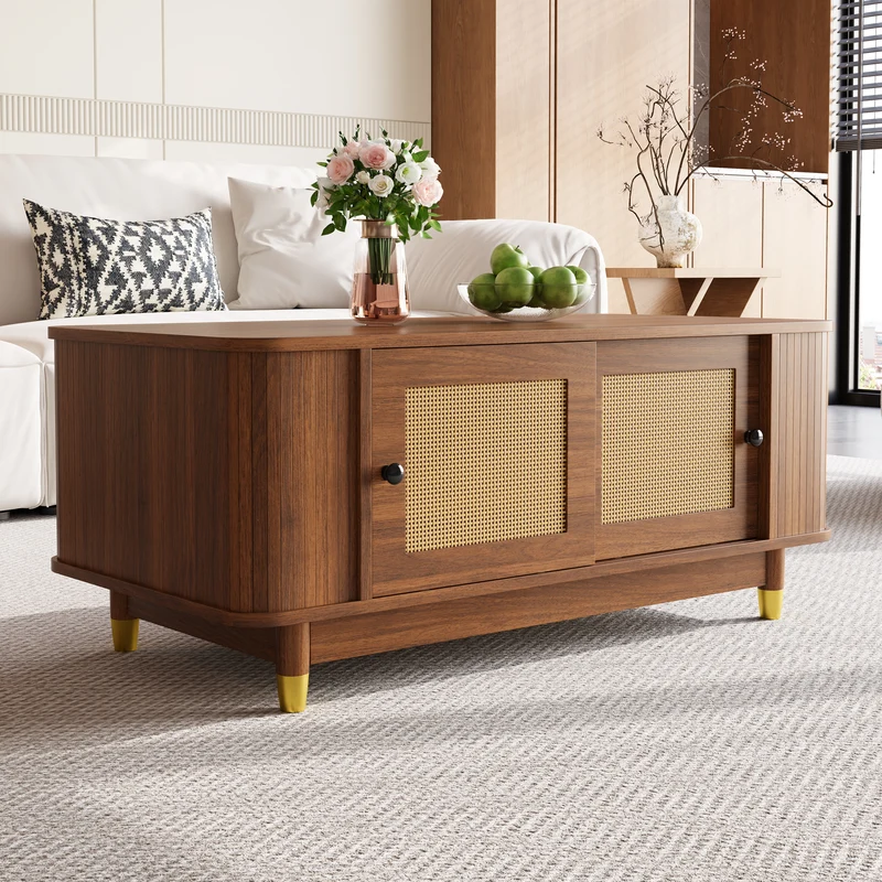 Table basse effet bois noyer avec portes coulissantes en rotin 100x50x42cm ADJUSTCHEST