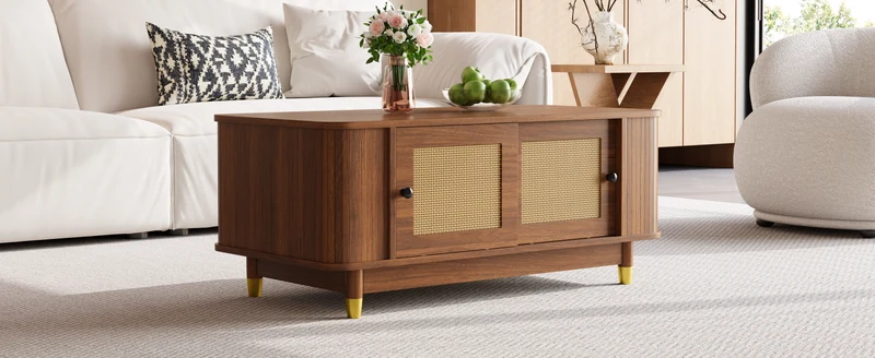 Table basse effet bois noyer avec portes coulissantes en rotin 100x50x42cm ADJUSTCHEST