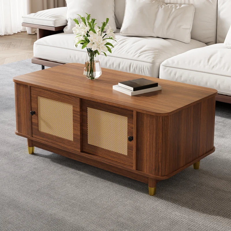 Table basse effet bois noyer avec portes coulissantes en rotin 100x50x42cm ADJUSTCHEST