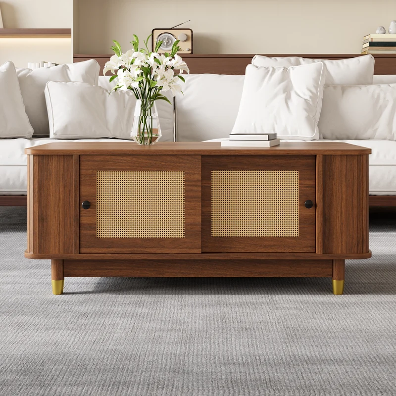 Table basse effet bois noyer avec portes coulissantes en rotin 100x50x42cm ADJUSTCHEST