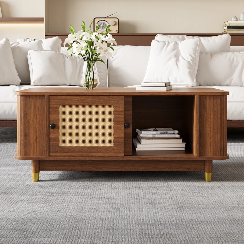 Table basse effet bois noyer avec portes coulissantes en rotin 100x50x42cm ADJUSTCHEST