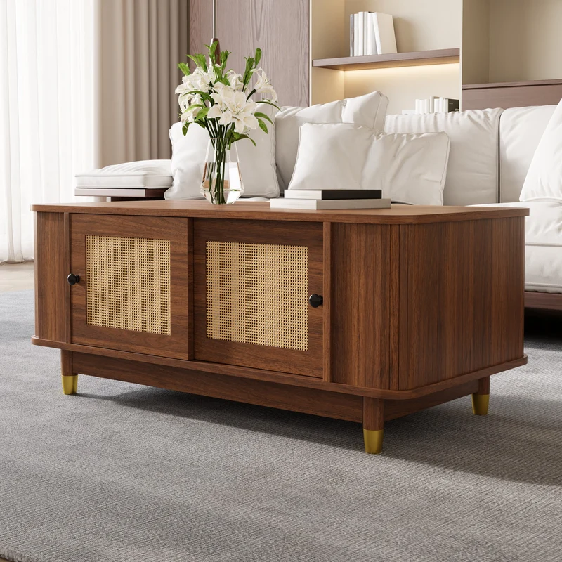 Table basse effet bois noyer avec portes coulissantes en rotin 100x50x42cm ADJUSTCHEST