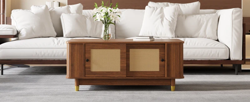 Table basse effet bois noyer avec portes coulissantes en rotin 100x50x42cm ADJUSTCHEST