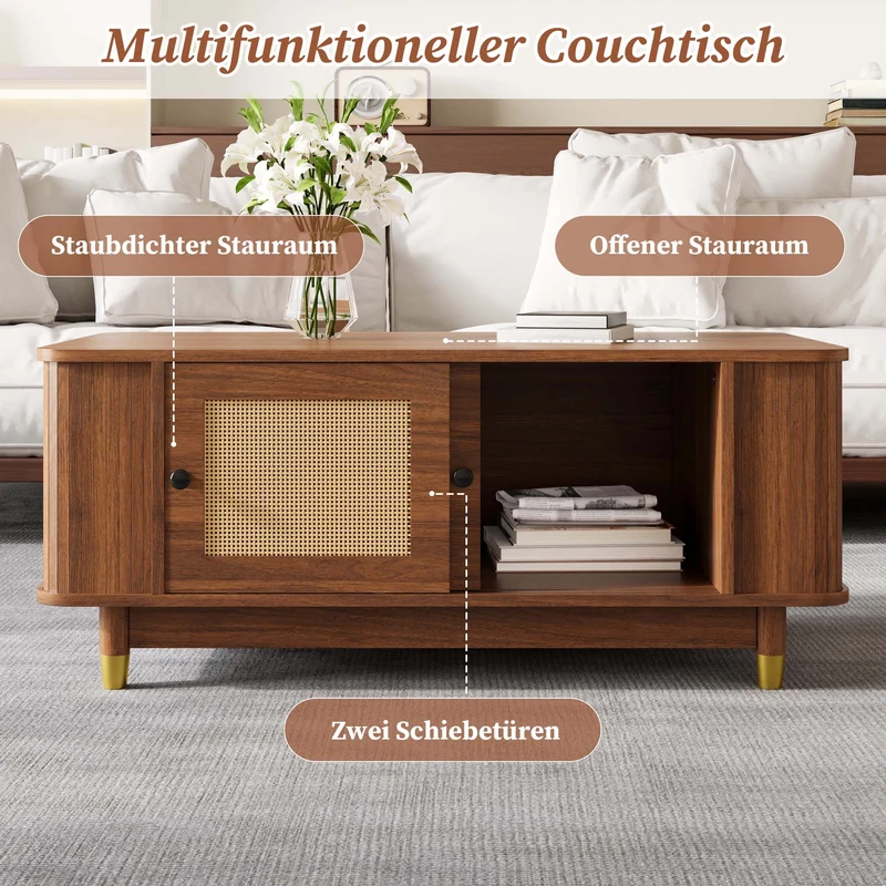 Table basse effet bois noyer avec portes coulissantes en rotin 100x50x42cm ADJUSTCHEST
