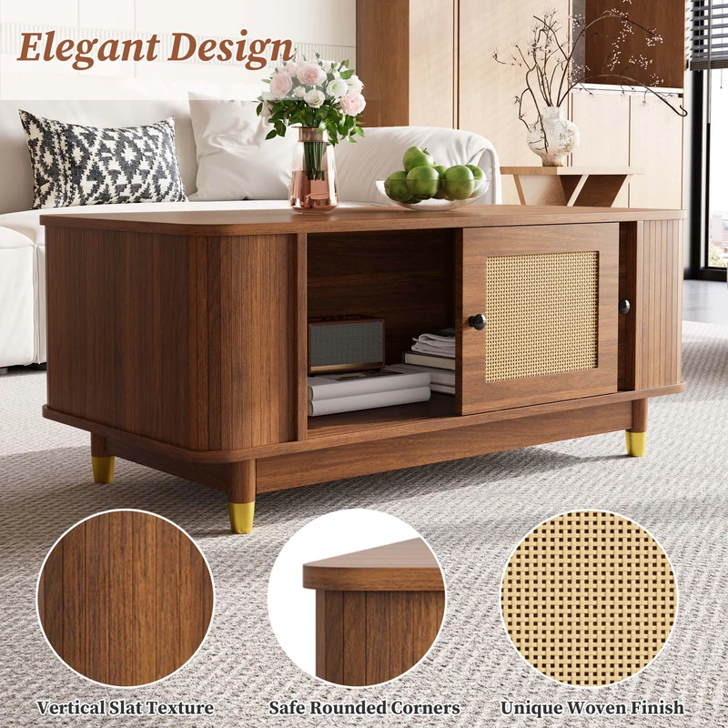 Table basse effet bois noyer avec portes coulissantes en rotin 100x50x42cm ADJUSTCHEST