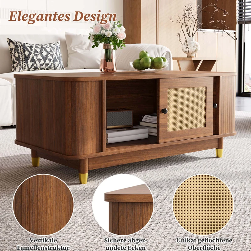 Table basse effet bois noyer avec portes coulissantes en rotin 100x50x42cm ADJUSTCHEST
