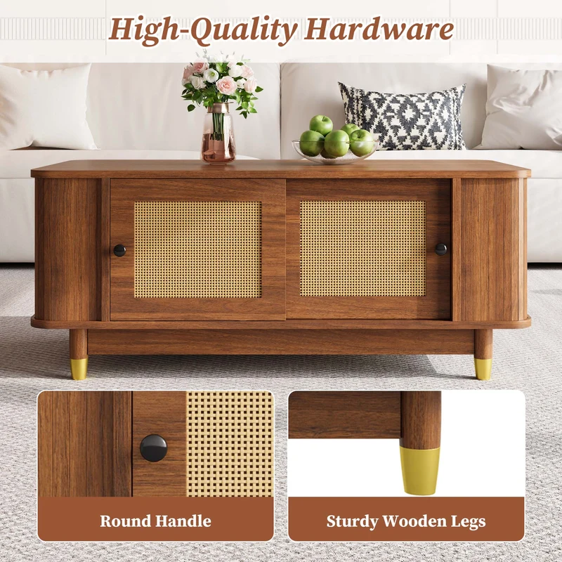 Table basse effet bois noyer avec portes coulissantes en rotin 100x50x42cm ADJUSTCHEST
