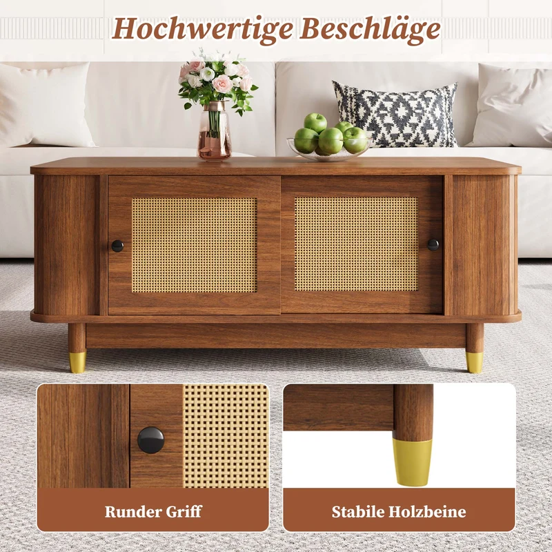 Table basse effet bois noyer avec portes coulissantes en rotin 100x50x42cm ADJUSTCHEST