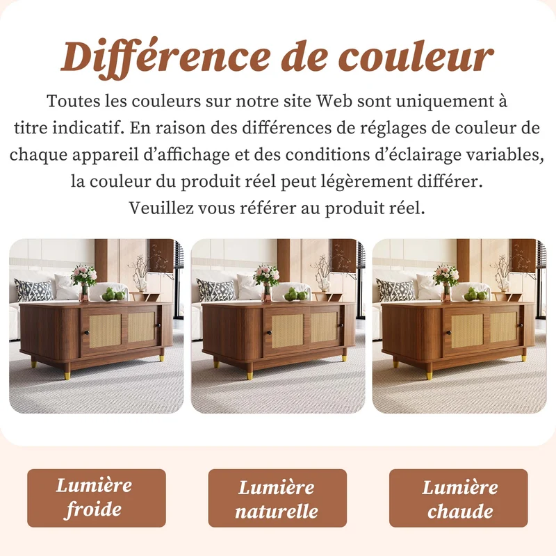 Table basse effet bois noyer avec portes coulissantes en rotin 100x50x42cm ADJUSTCHEST
