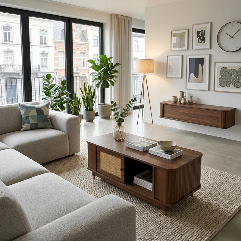 Table basse effet bois noyer avec portes coulissantes en rotin 100x50x42cm ADJUSTCHEST