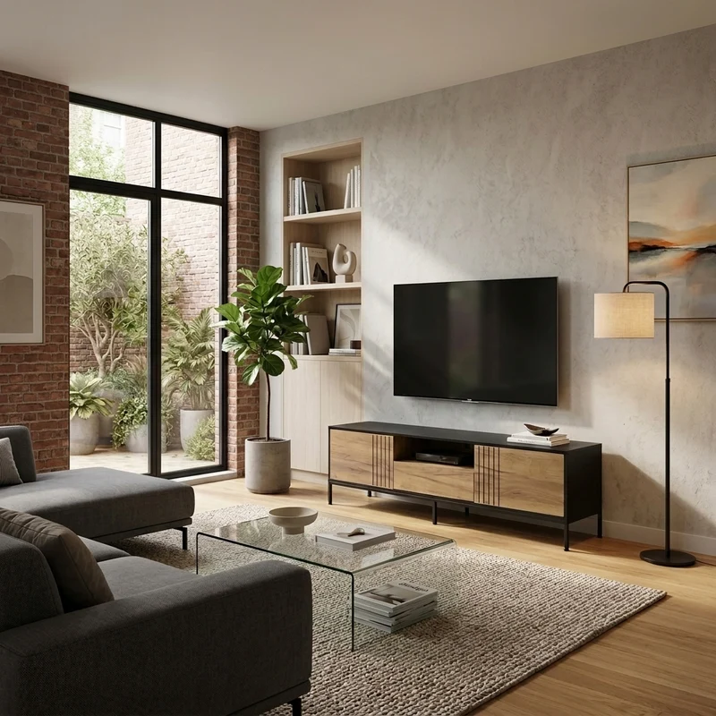 Meuble TV effet chêne 2 portes et 1 tiroir 170x35x50cm ALUMINUMNIGHTSTAND