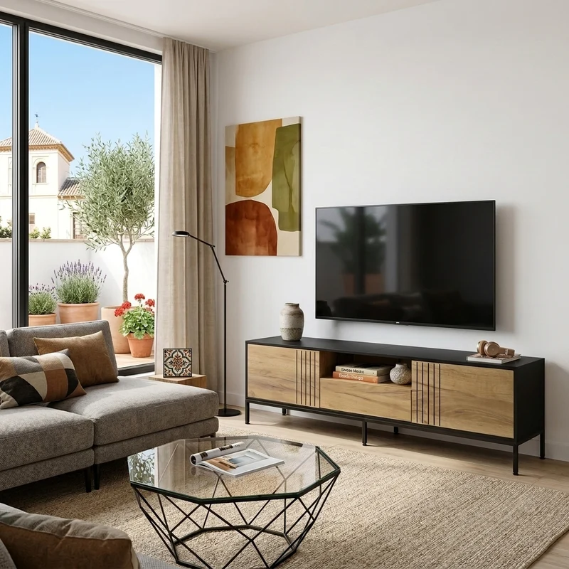 Meuble TV effet chêne 2 portes et 1 tiroir 170x35x50cm ALUMINUMNIGHTSTAND