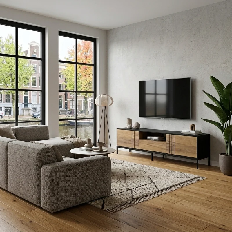 Meuble TV effet chêne 2 portes et 1 tiroir 170x35x50cm ALUMINUMNIGHTSTAND
