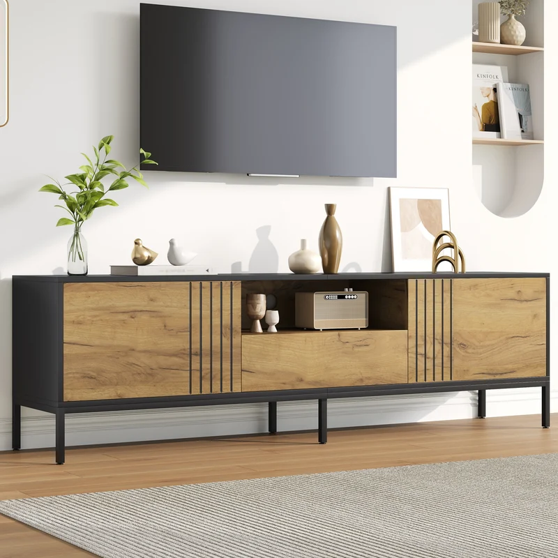 Meuble TV effet chêne 2 portes et 1 tiroir 170x35x50cm ALUMINUMNIGHTSTAND
