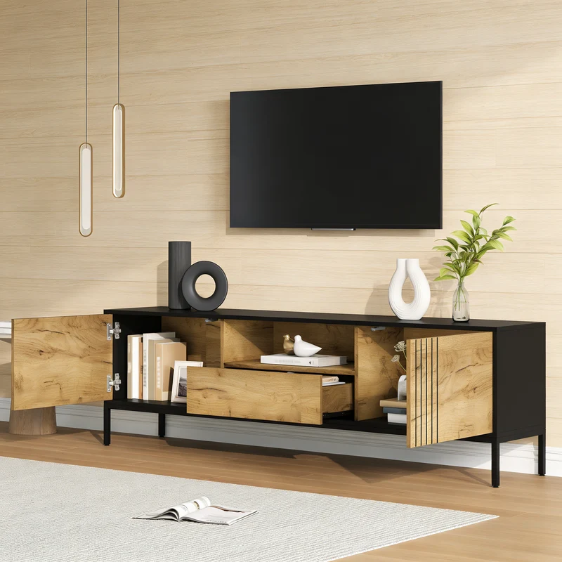 Meuble TV effet chêne 2 portes et 1 tiroir 170x35x50cm ALUMINUMNIGHTSTAND