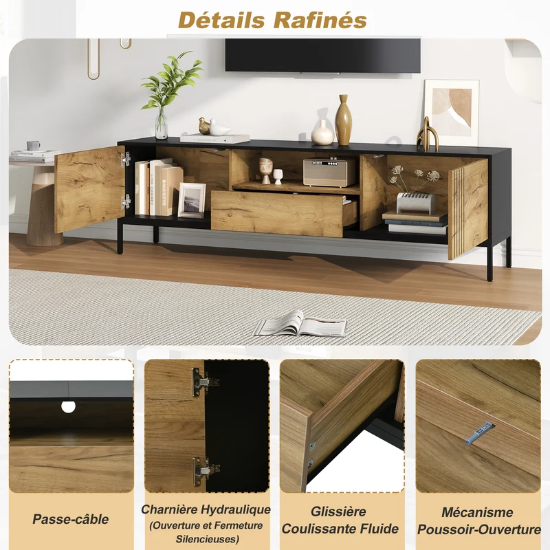 Meuble TV effet chêne 2 portes et 1 tiroir 170x35x50cm ALUMINUMNIGHTSTAND