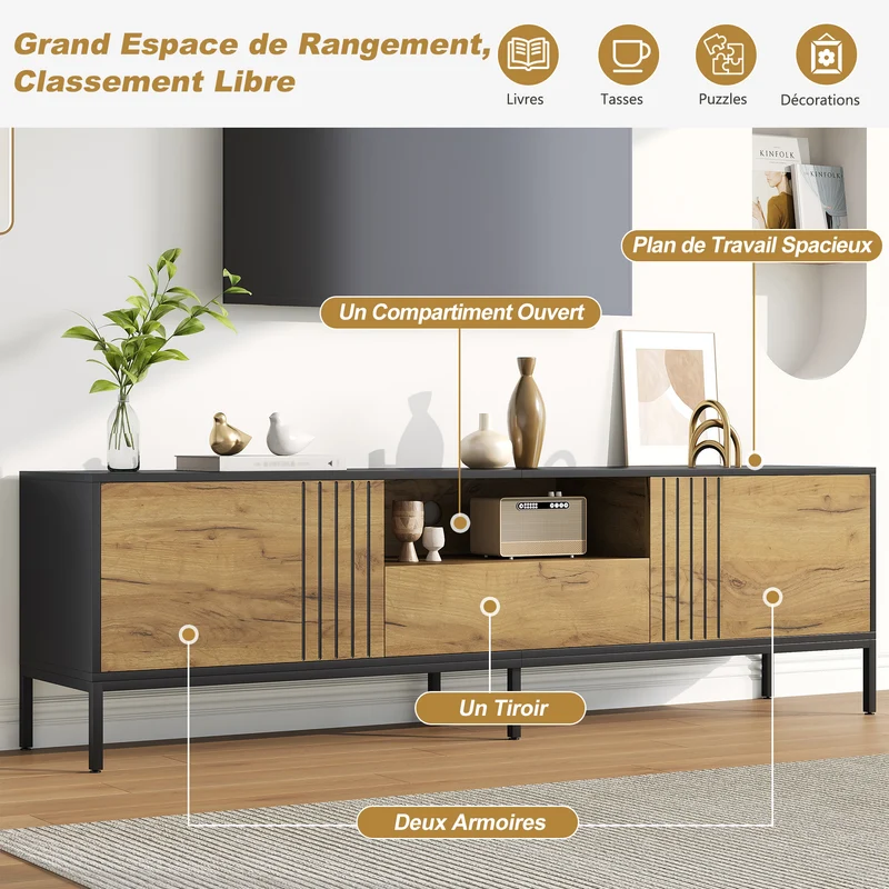 Meuble TV effet chêne 2 portes et 1 tiroir 170x35x50cm ALUMINUMNIGHTSTAND
