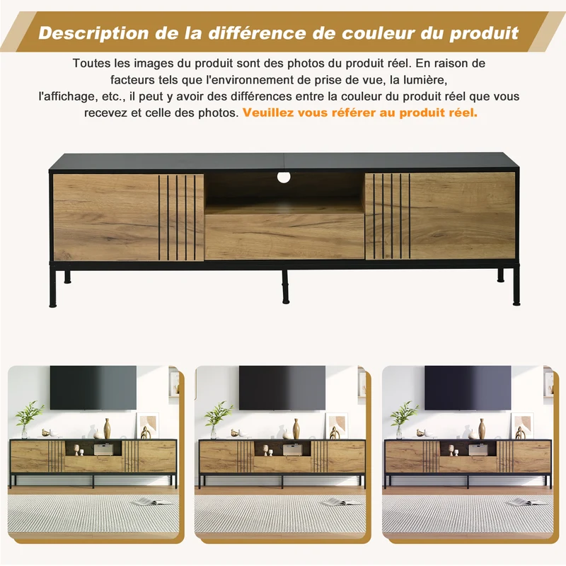 Meuble TV effet chêne 2 portes et 1 tiroir 170x35x50cm ALUMINUMNIGHTSTAND