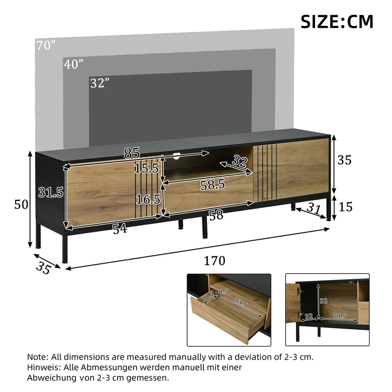 Meuble TV effet chêne 2 portes et 1 tiroir 170x35x50cm ALUMINUMNIGHTSTAND