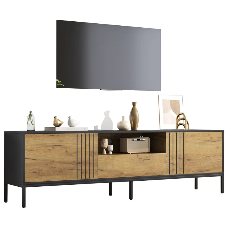 Meuble TV effet chêne 2 portes et 1 tiroir 170x35x50cm ALUMINUMNIGHTSTAND
