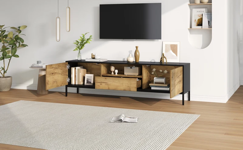 Meuble TV effet chêne 2 portes et 1 tiroir 170x35x50cm ALUMINUMNIGHTSTAND