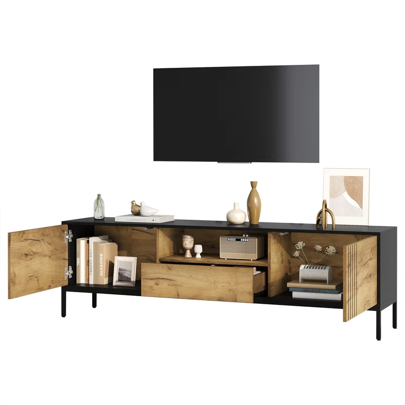 Meuble TV effet chêne 2 portes et 1 tiroir 170x35x50cm ALUMINUMNIGHTSTAND