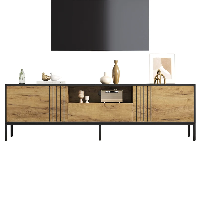 Meuble TV effet chêne 2 portes et 1 tiroir 170x35x50cm ALUMINUMNIGHTSTAND