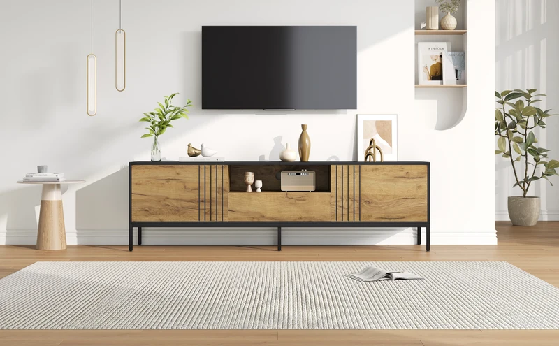 Meuble TV effet chêne 2 portes et 1 tiroir 170x35x50cm ALUMINUMNIGHTSTAND