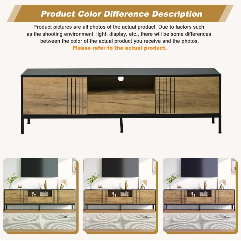Meuble TV effet chêne 2 portes et 1 tiroir 170x35x50cm ALUMINUMNIGHTSTAND