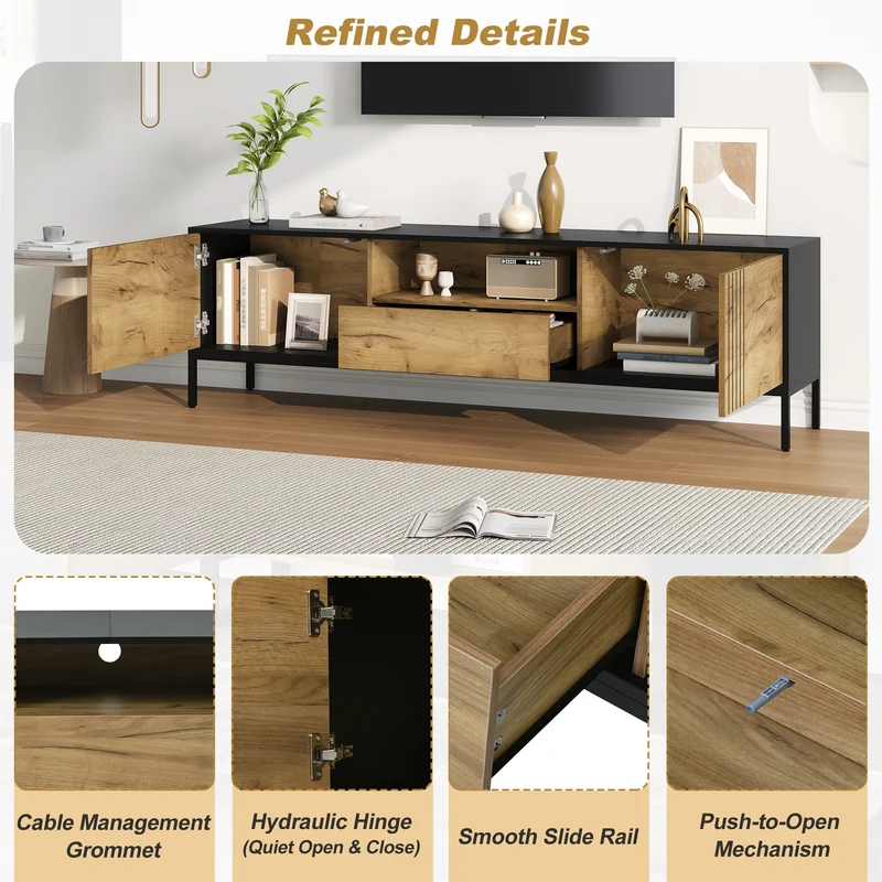 Meuble TV effet chêne 2 portes et 1 tiroir 170x35x50cm ALUMINUMNIGHTSTAND