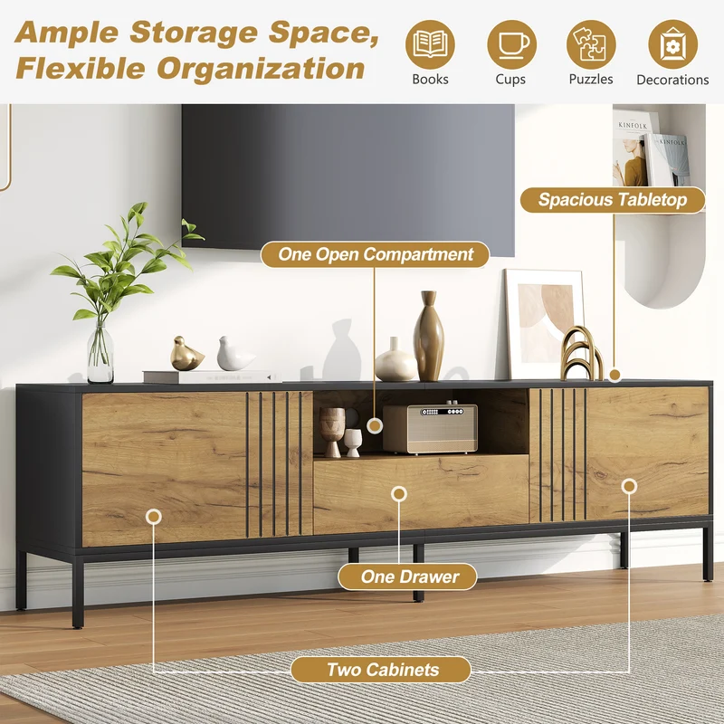 Meuble TV effet chêne 2 portes et 1 tiroir 170x35x50cm ALUMINUMNIGHTSTAND