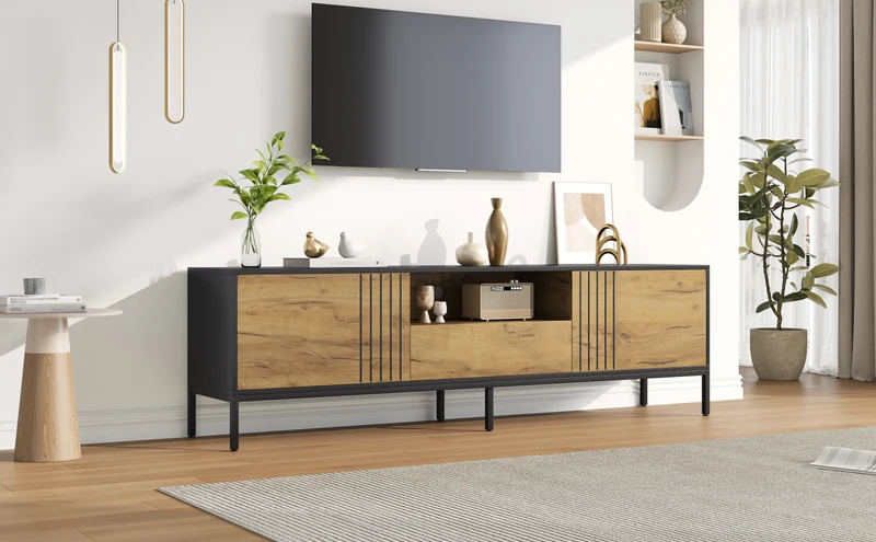 Meuble TV effet chêne 2 portes et 1 tiroir 170x35x50cm ALUMINUMNIGHTSTAND