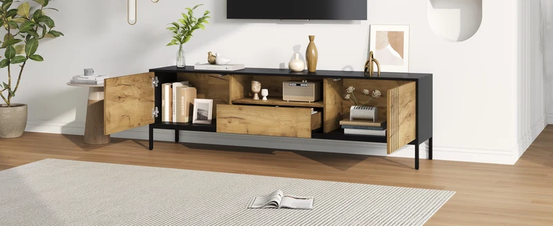 Meuble TV effet chêne 2 portes et 1 tiroir 170x35x50cm ALUMINUMNIGHTSTAND