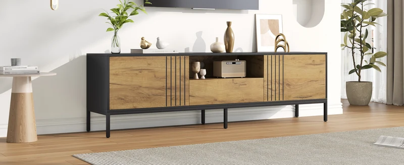 Meuble TV effet chêne 2 portes et 1 tiroir 170x35x50cm ALUMINUMNIGHTSTAND