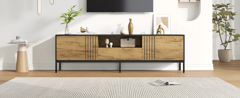 Meuble TV effet chêne 2 portes et 1 tiroir 170x35x50cm ALUMINUMNIGHTSTAND